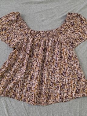 Willow Smocked Off-Shoulder Blouse in Maroon, Yellow and Brown Print